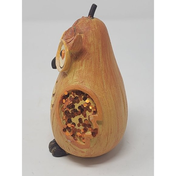Wood Owl Figurine Pear Shaped With Stem Hand Painted Carved Orange Glitter Wings - Picture 4 of 9